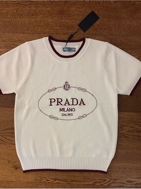 Prada Cream Knit Tee with Burgundy Logo and Trim
